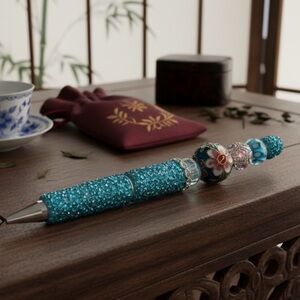 Handcrafted Cloisonne & Glass Beaded Pen with Silver Accents